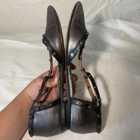 HALOGEN Olson Flats Women's 7 Studded T-Strap Black GREY Leather Edgy Workwear - Picture 7 of 15